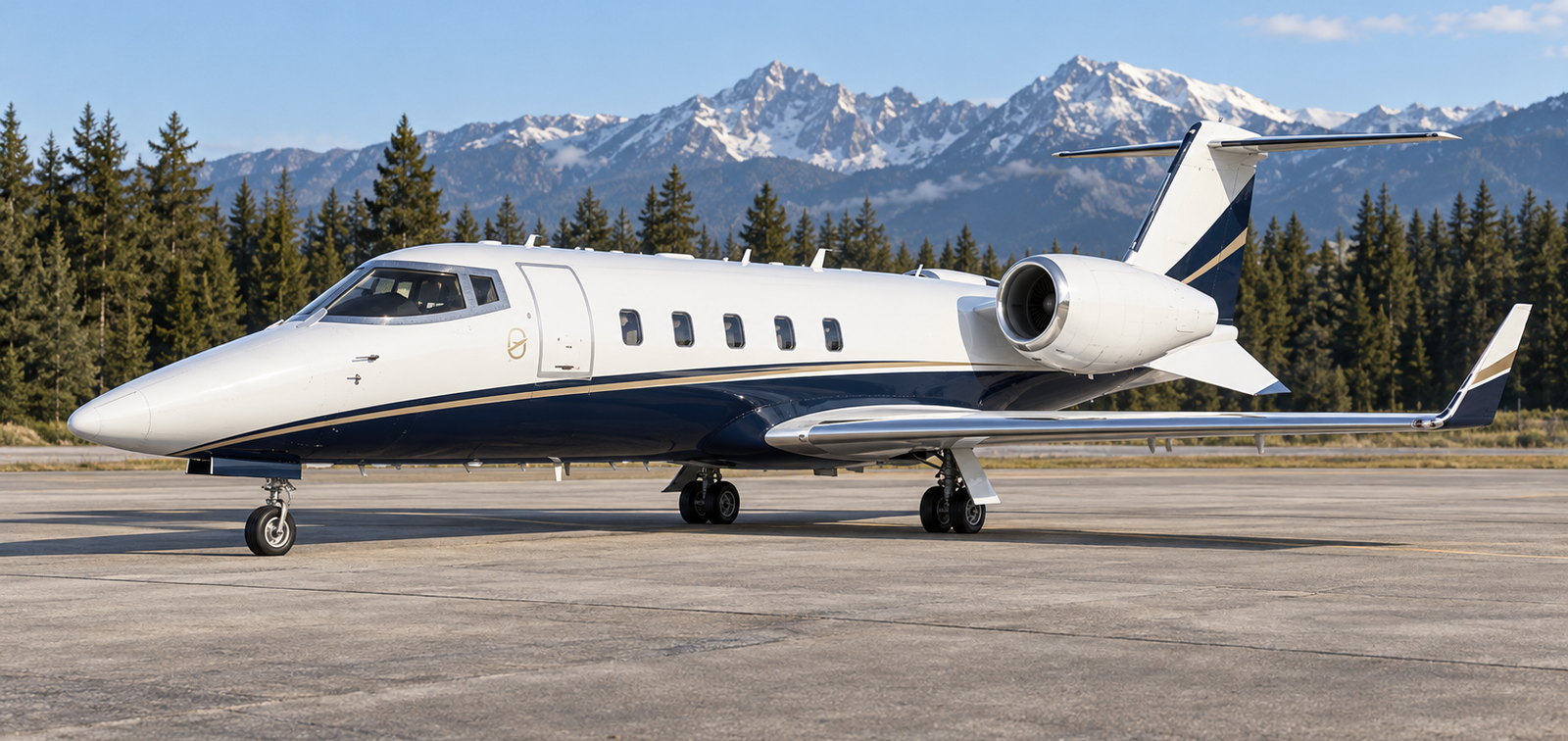 Bombardier Learjet 60XR midsize jet on an apron with pine trees and mountains behind