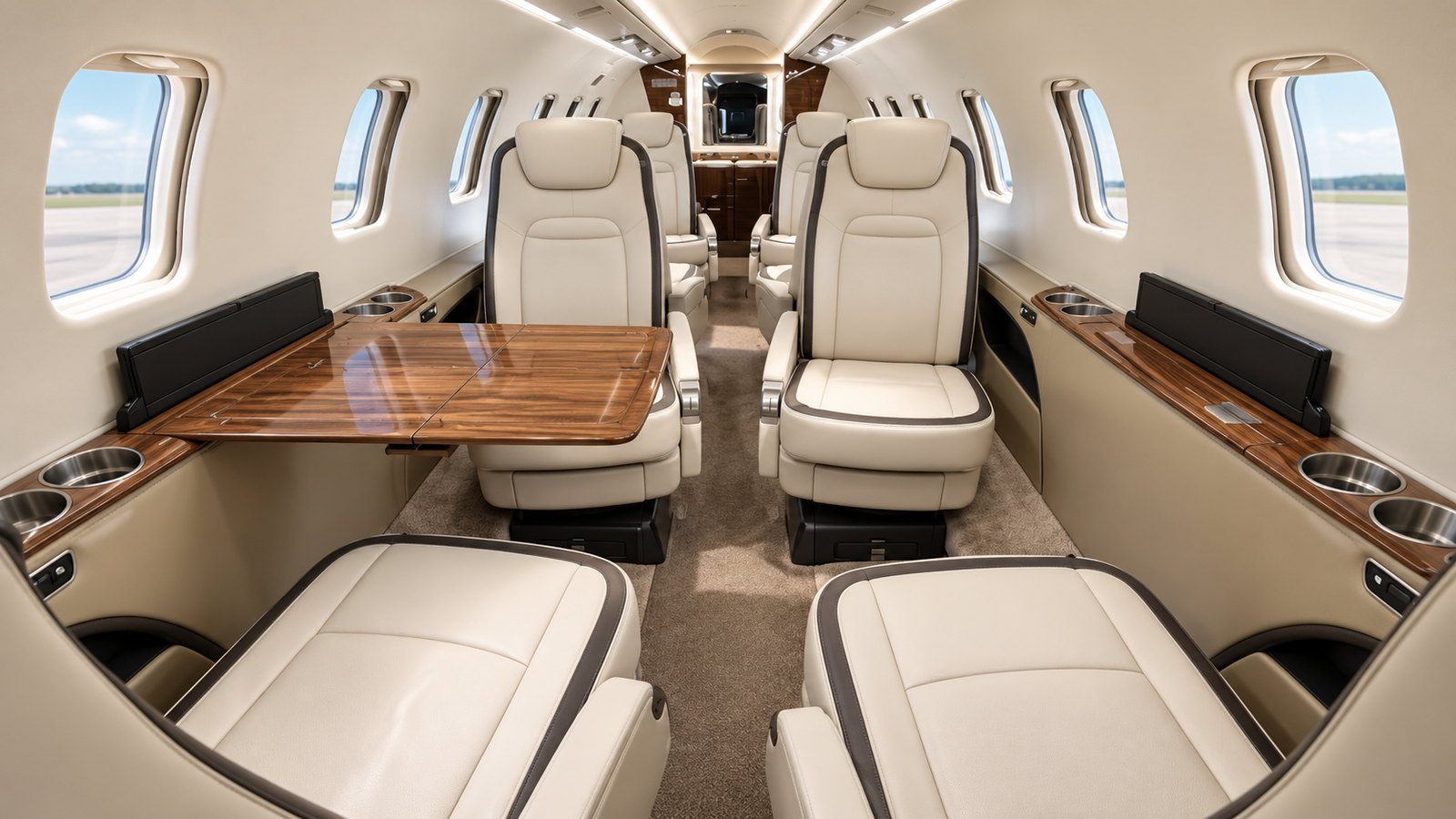 Learjet 75 cabin looking aft, club seats with a wood table between them