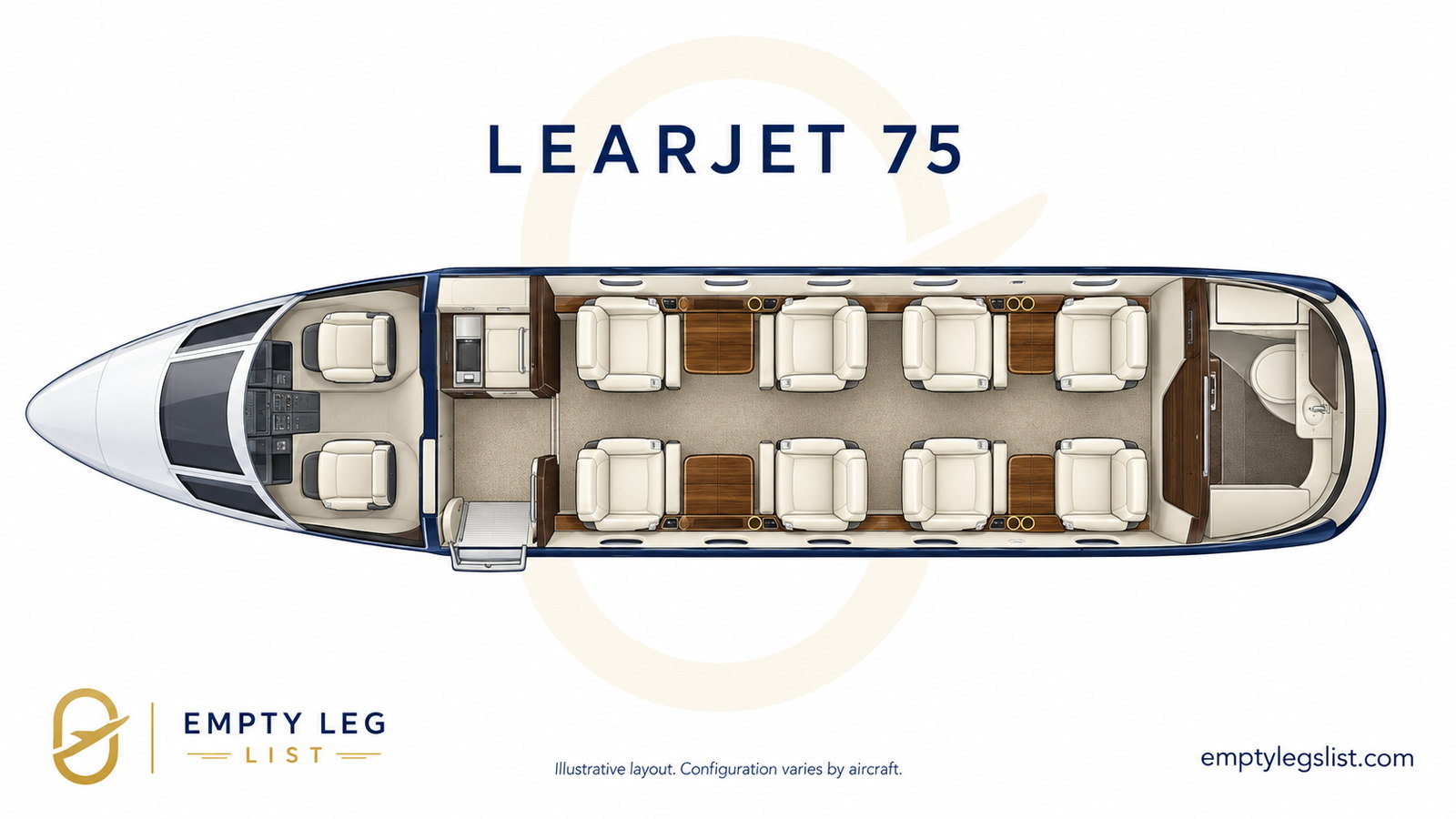Learjet 75 cabin layout drawing, illustrative