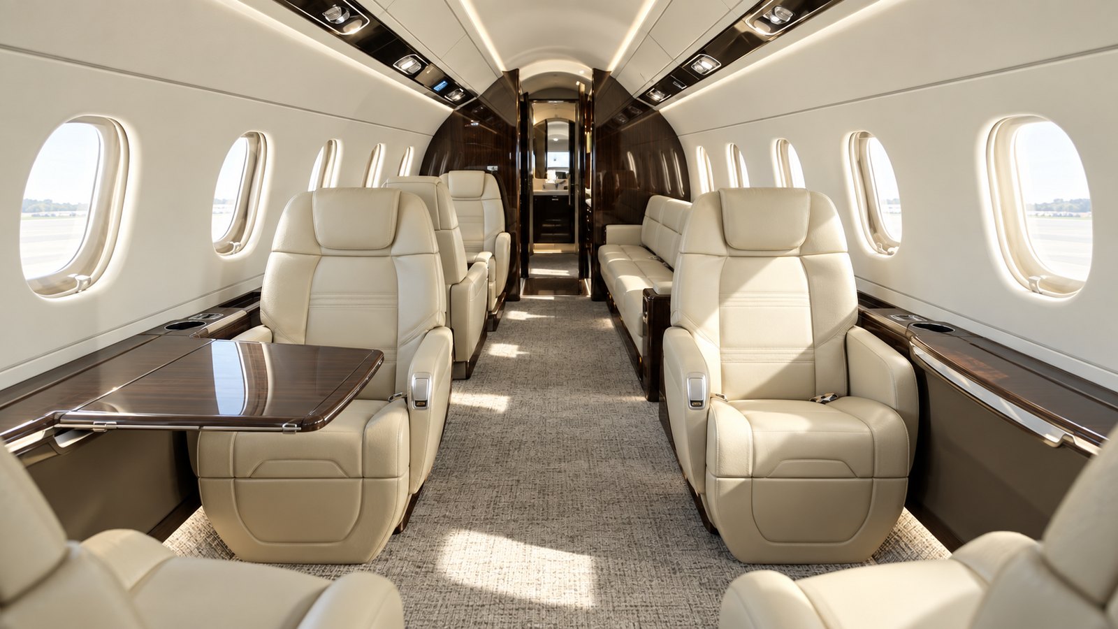 Legacy 500 cabin looking forward, four club seats in cream leather with a galley beyond