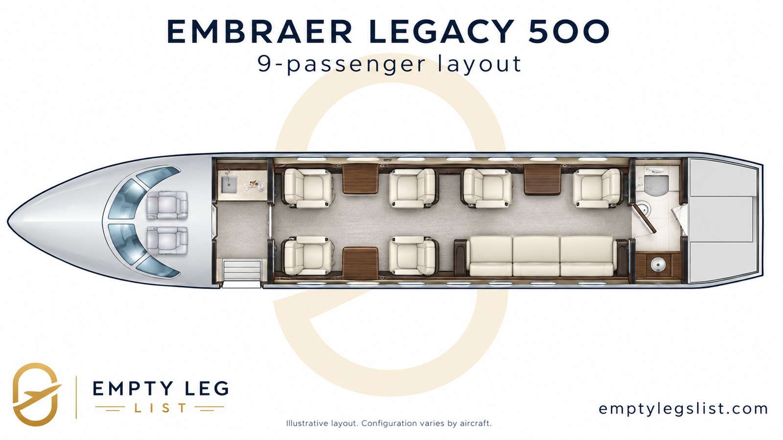 Embraer Legacy 500 nine passenger cabin layout drawing
