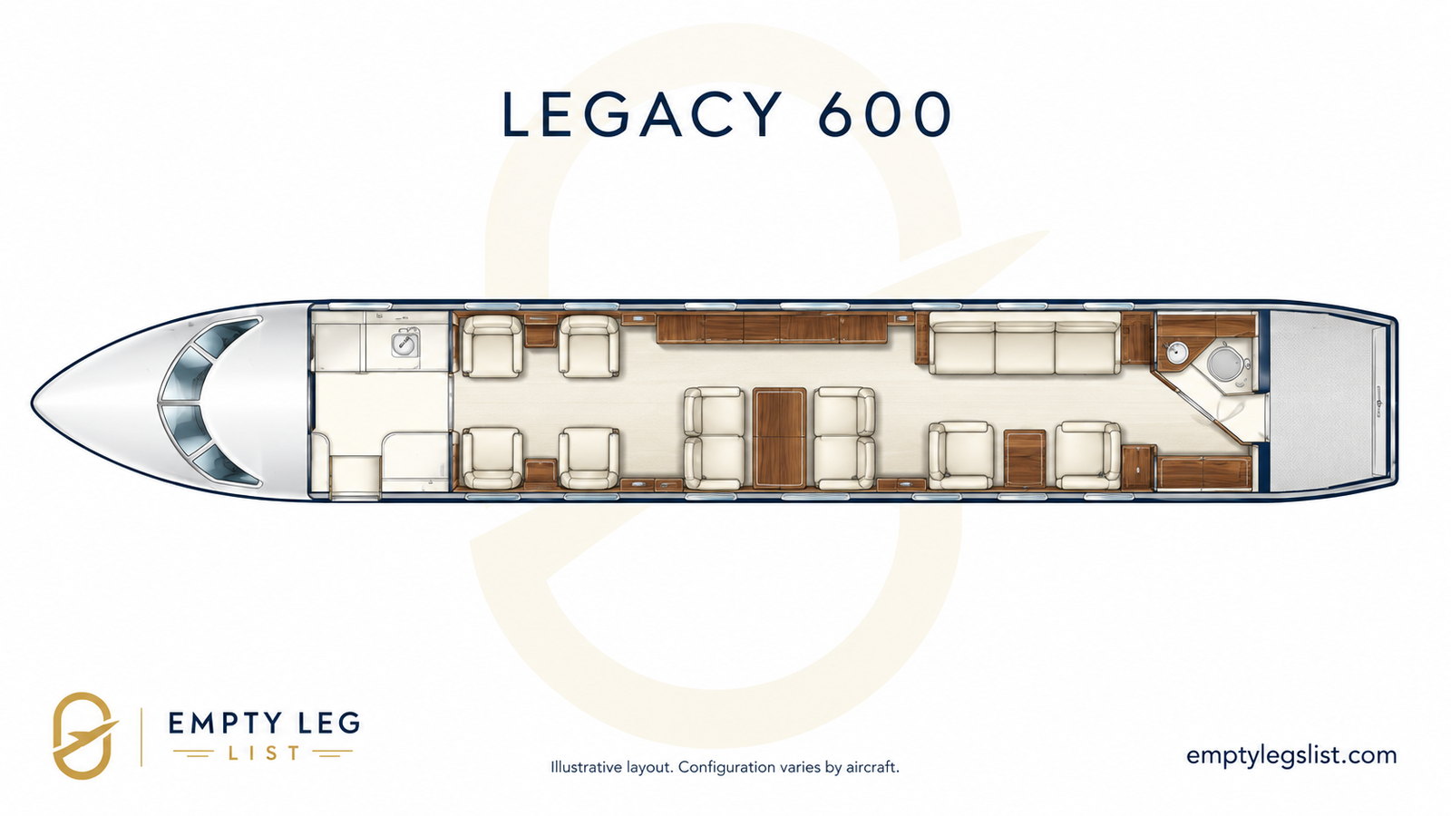 Legacy 600 cabin layout drawing, illustrative