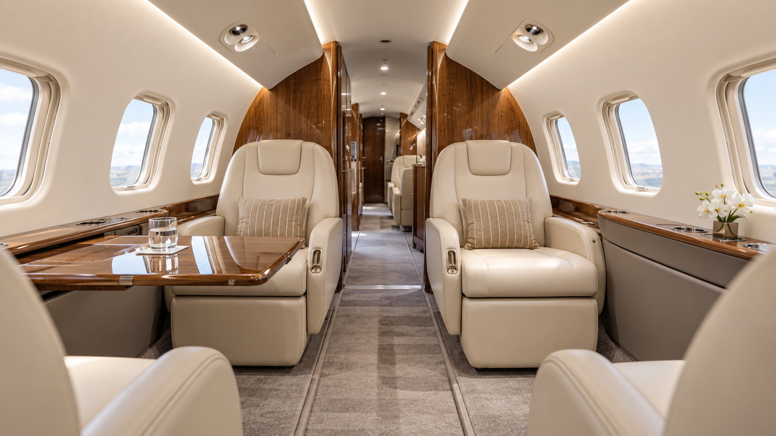 Legacy 650 cabin looking aft, club seats in cream leather with a table