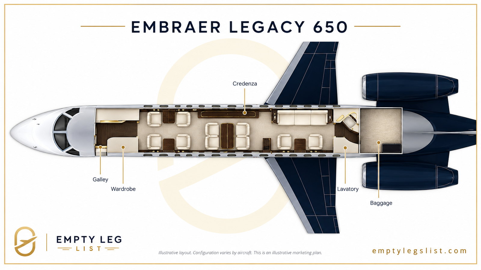 Legacy 650 cabin layout drawing, illustrative
