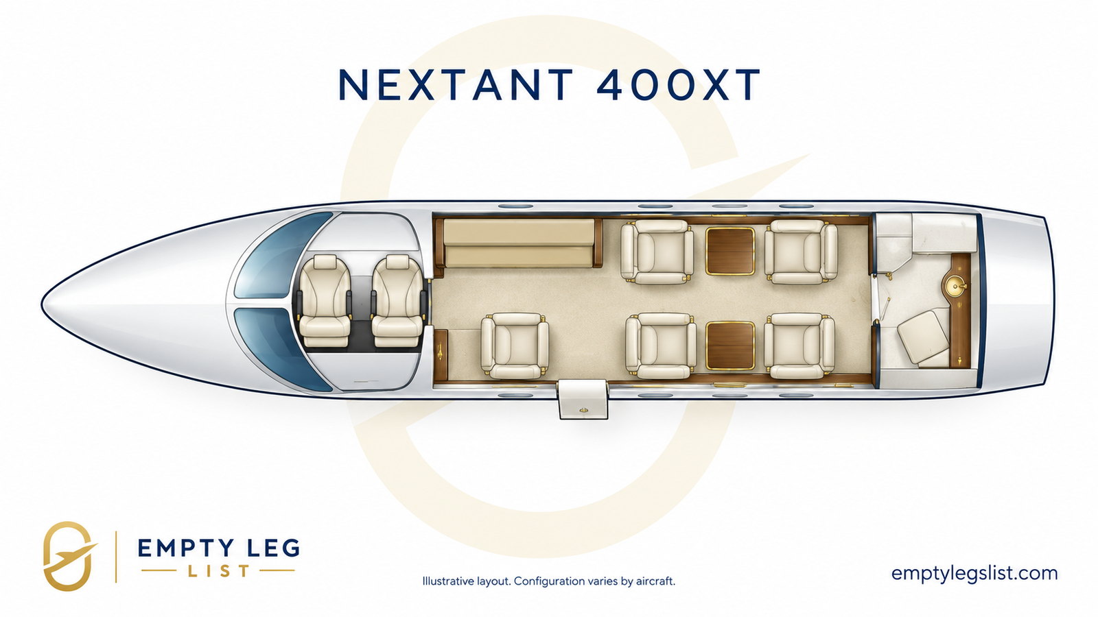 Nextant 400XT cabin layout drawing, illustrative
