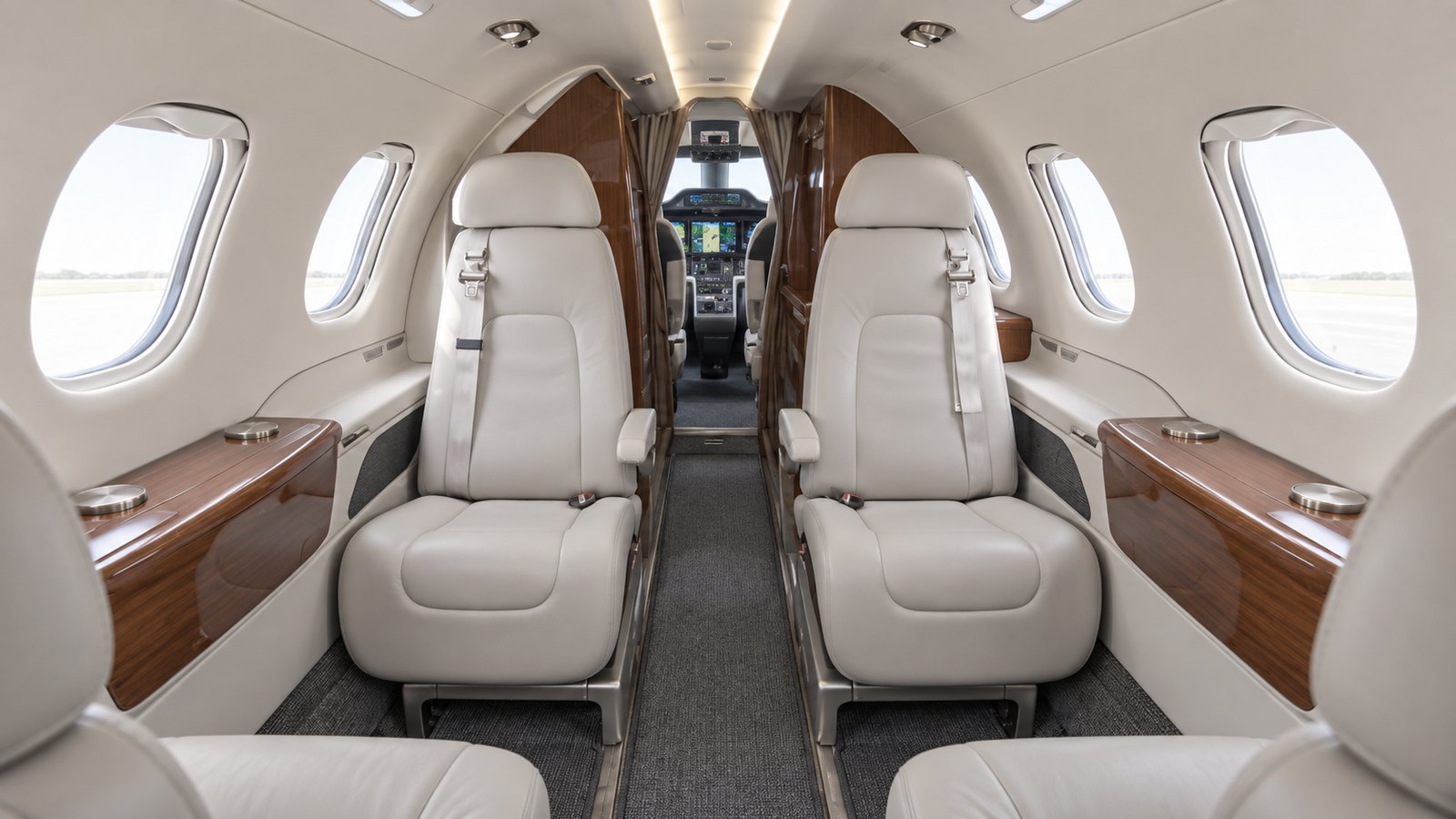 Phenom 300 cabin looking forward, four club seats in light leather