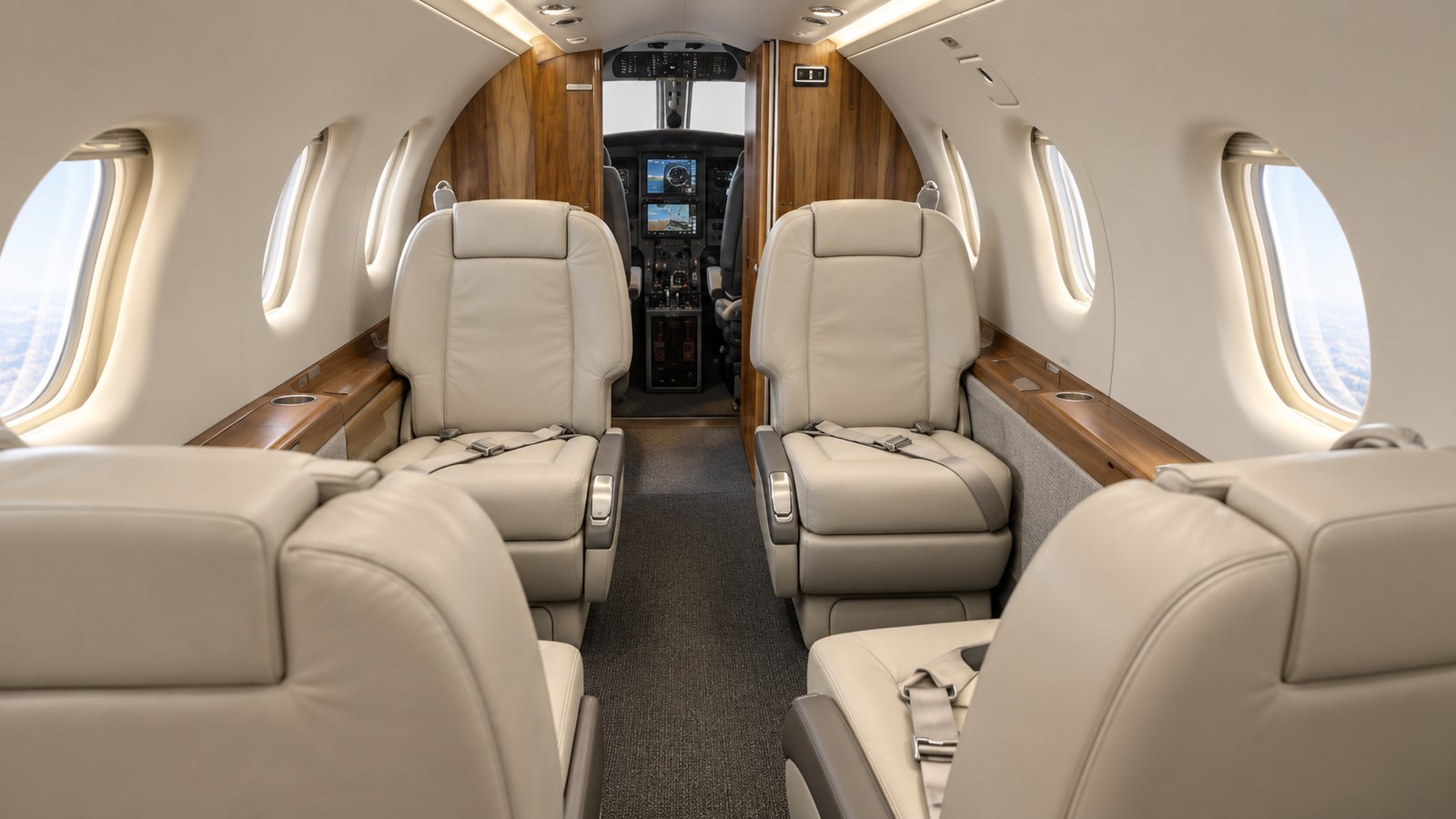 PC-12 NG executive cabin looking forward, club seats in tan leather