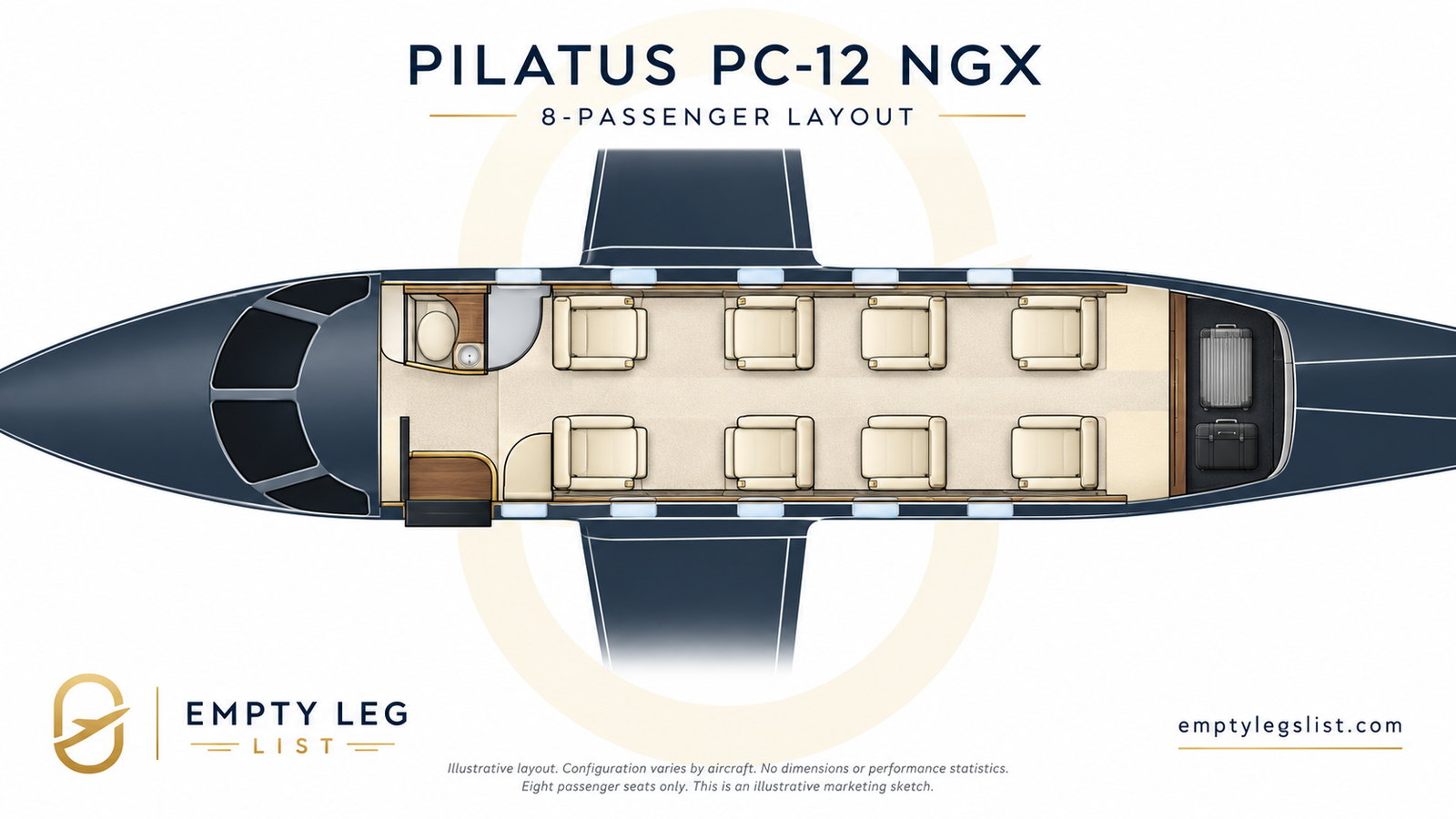 Pilatus PC-12 NGX cabin layout drawing, eight passenger arrangement, illustrative