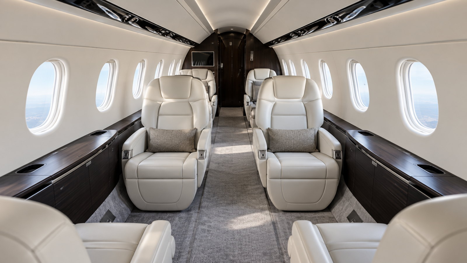 Praetor 600 cabin looking forward, club seats in light leather with tables