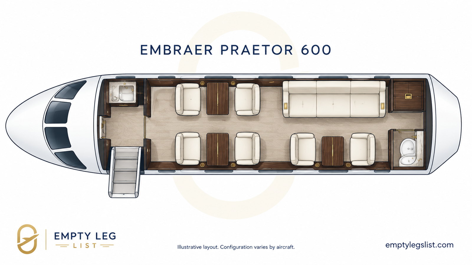 Praetor 600 cabin layout drawing, illustrative