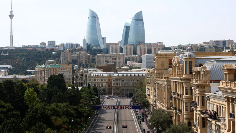 The Baku City Circuit running between the old town and the Flame Towers on the skyline