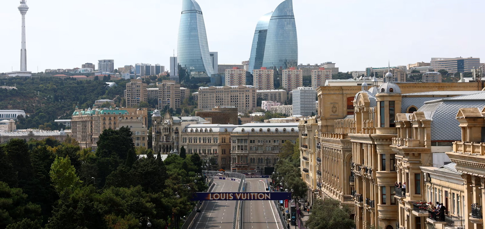 The Baku City Circuit running between the old town and the Flame Towers on the skyline