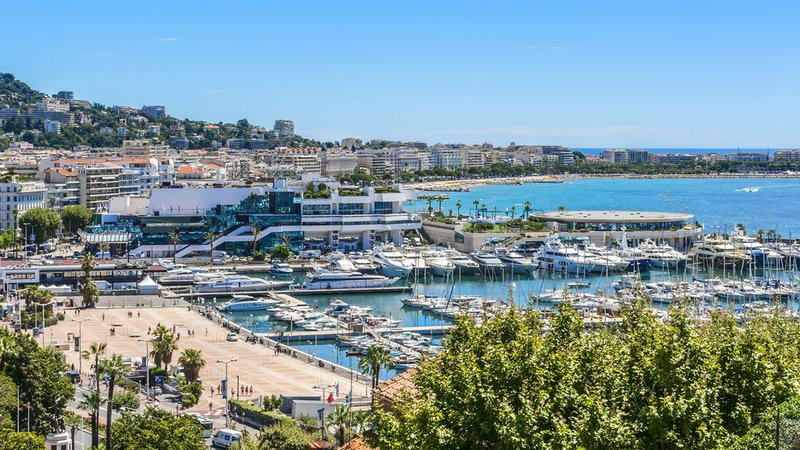 The Cannes waterfront, the Palais des Festivals and the marina seen from above