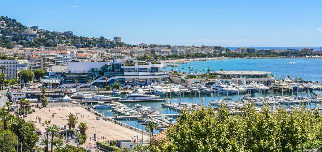 The Cannes waterfront, the Palais des Festivals and the marina seen from above