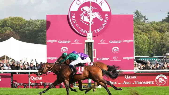 Two horses at the finish of the Prix de l’Arc de Triomphe at Longchamp
