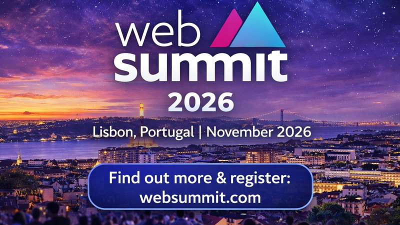 Web Summit 2026 banner from the organiser, the Lisbon skyline at dusk behind it