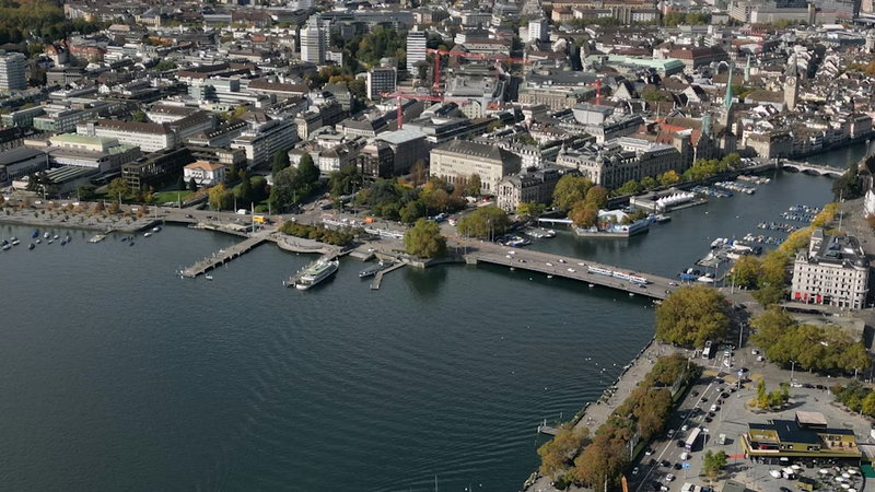 Zurich from the air, the lake on one side and the old town on the other