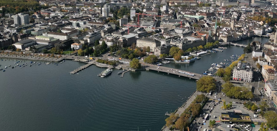 Zurich from the air, the lake on one side and the old town on the other