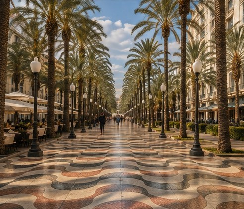 The palm-lined Explanada in Alicante, its wave-patterned mosaic pavement running into the distance