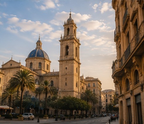 A church tower and blue-tiled dome above the palms in the old town of Alicante