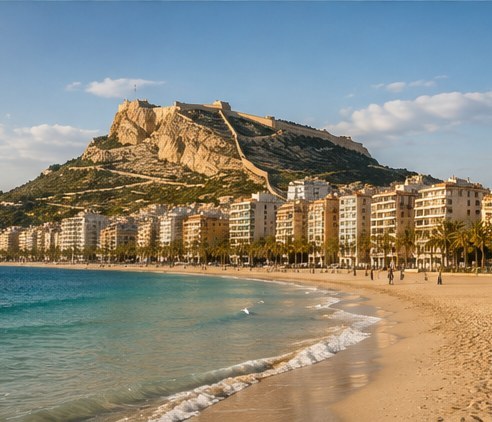 The beach at Alicante with the castle hill behind the seafront apartment blocks