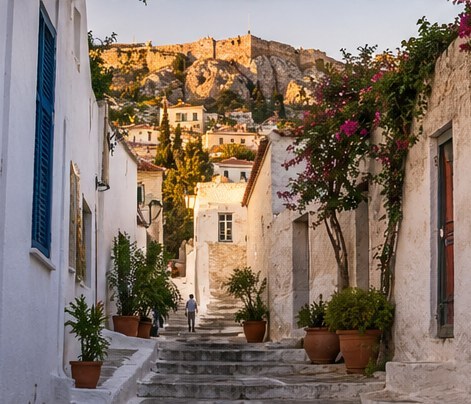 A whitewashed lane with bougainvillea in the old quarter below the Acropolis