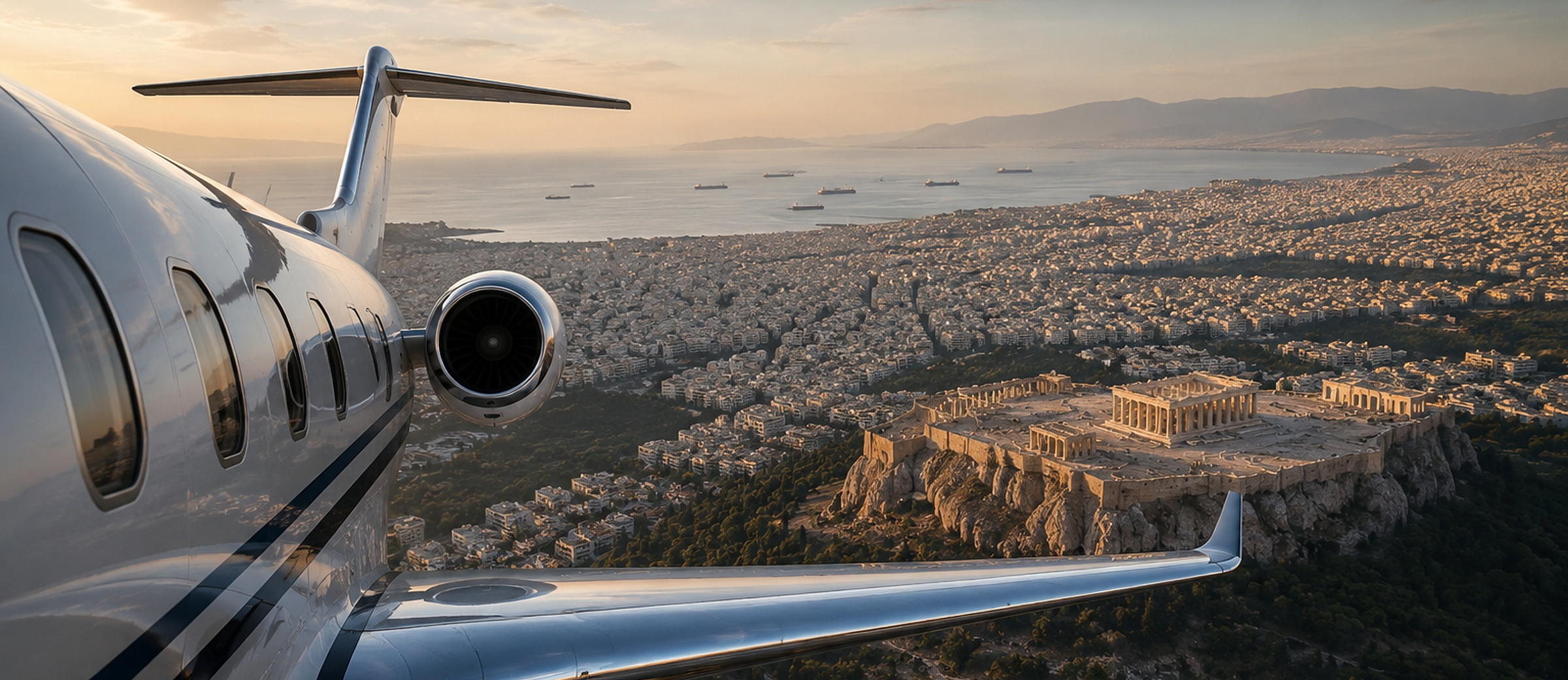 A private jet banking over Athens with the Parthenon on the Acropolis and the Saronic Gulf beyond
