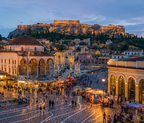 Monastiraki square in Athens in the evening, the mosque and the Acropolis lit above the city