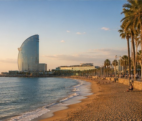 The city beach at Barceloneta, palms along the promenade and the sail-shaped hotel on the point