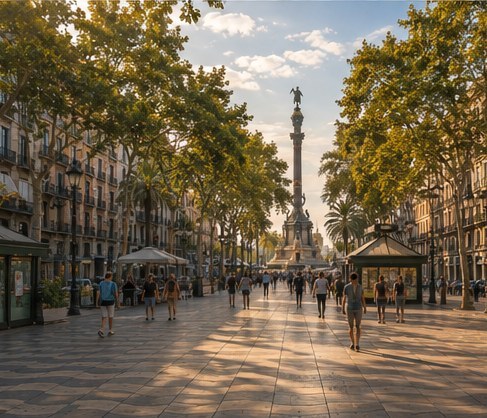 La Rambla in Barcelona, the tree-lined walk running down towards the harbour and the Columbus monument