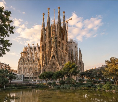 The Sagrada Familia in Barcelona seen across the park and the water, cranes still on the towers