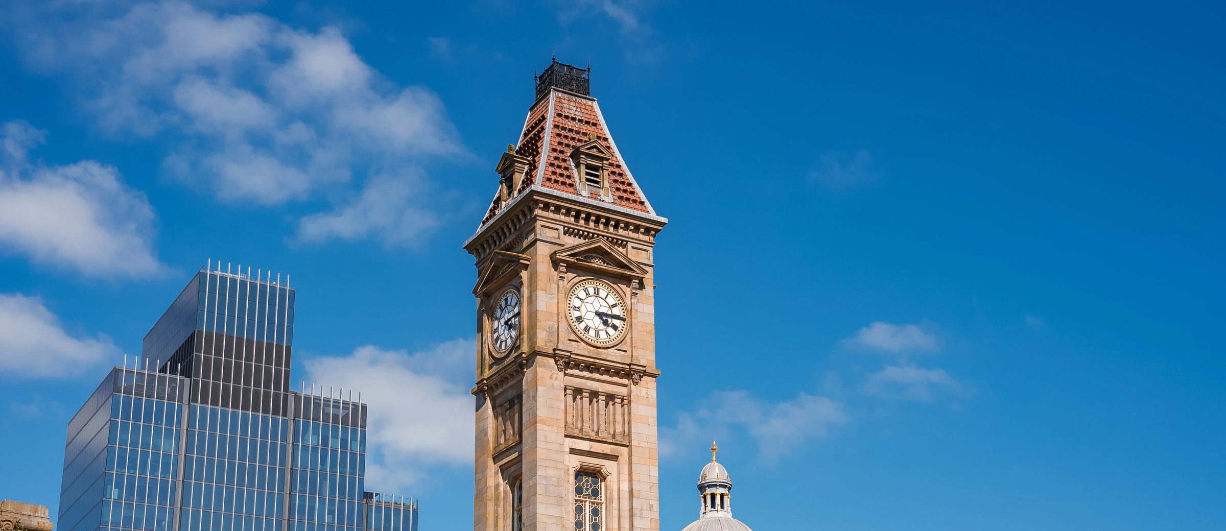 The clock tower of the Birmingham Museum and Art Gallery on Chamberlain Square