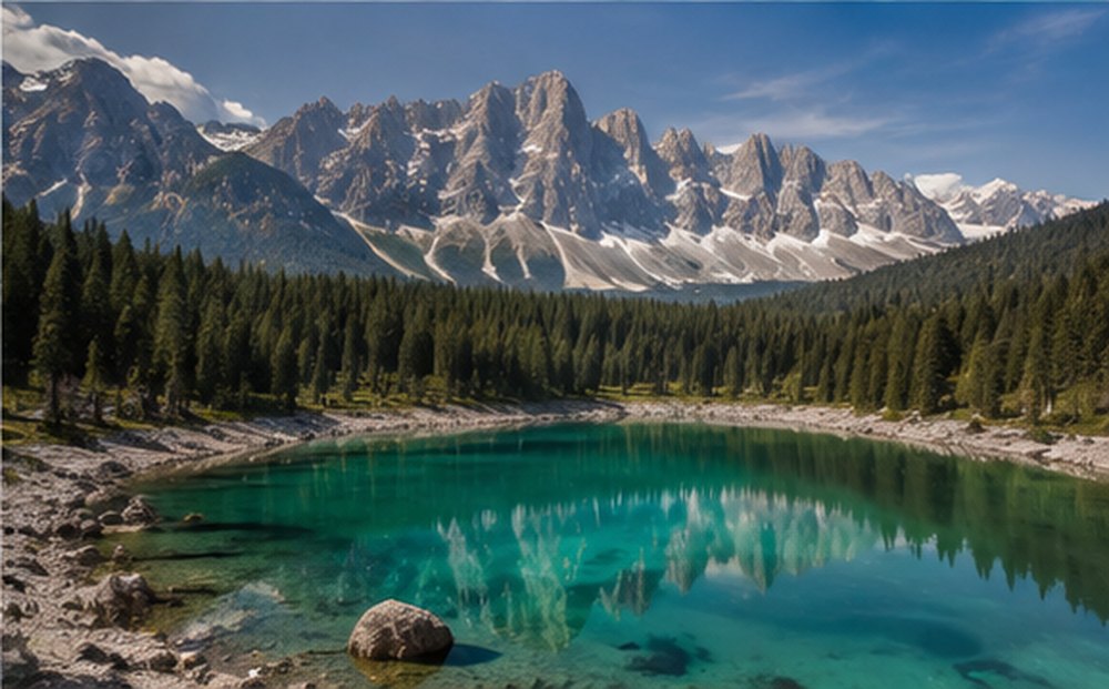 A clear green mountain lake below the jagged peaks of the Dolomites