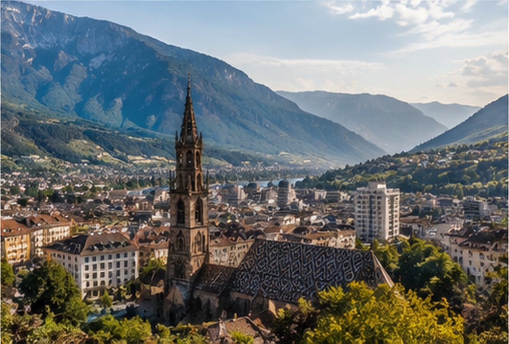 Bolzano seen from above, the cathedral spire in the middle of the town with mountains on either side