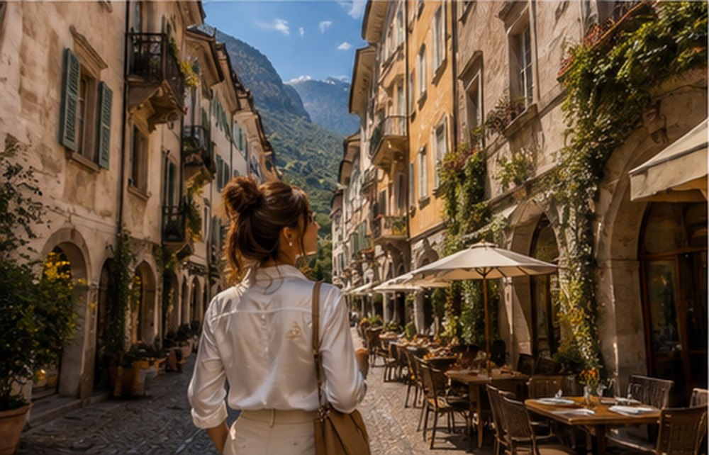 A narrow arcaded street in Bolzano with cafe tables and flowers on the balconies