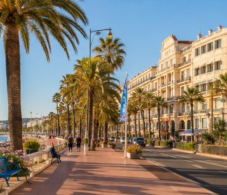 The palm-lined seafront promenade at Cannes, benches and hotel facades along it