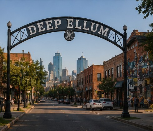 The Deep Ellum arch over a street in Dallas, murals on the brick buildings and the skyline behind