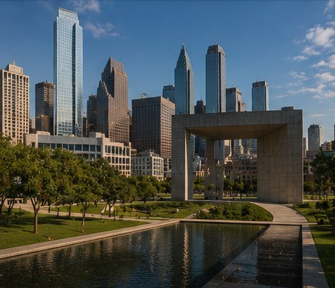A downtown Dallas park with a long reflecting pool, a concrete monument and the towers behind