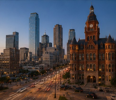 The red sandstone old courthouse in Dallas at dusk, traffic trails and the towers of downtown behind it