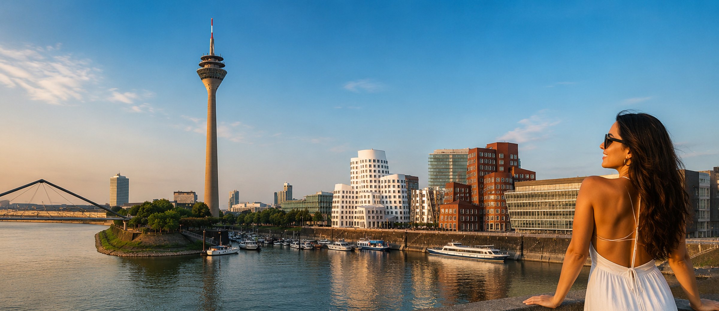 The Rhine Tower and the Medienhafen in Dusseldorf seen across the river in the evening