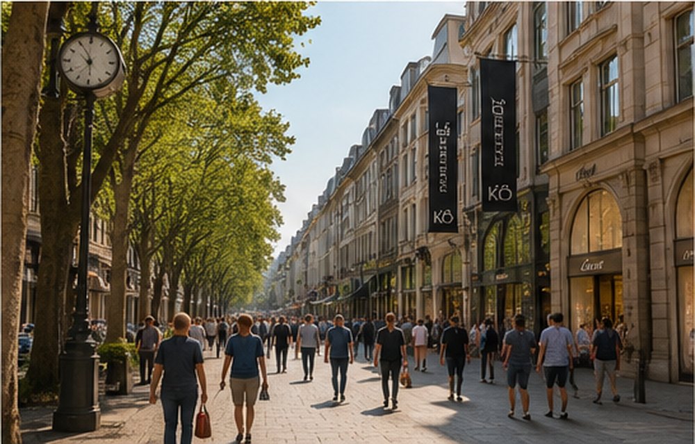 Shoppers under the plane trees on the Konigsallee in Dusseldorf