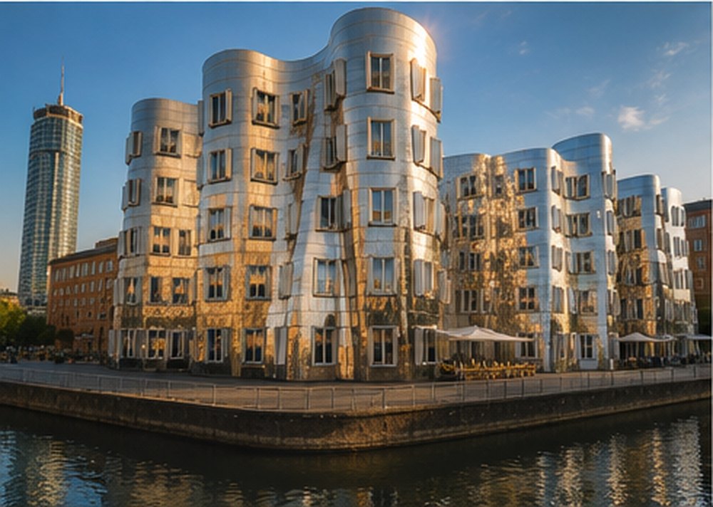 The three leaning Gehry buildings of the Neuer Zollhof reflected in the Dusseldorf harbour basin