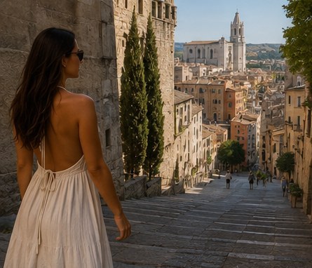 A stone stairway climbing between old walls in Girona, the cathedral tower ahead