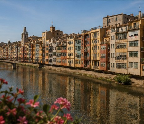 The coloured riverfront houses of Girona reflected in the Onyar, flowers in the foreground