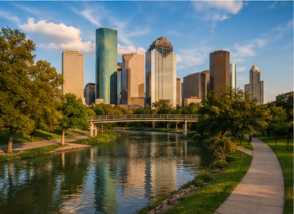 The Houston skyline behind the trees and still water of Buffalo Bayou
