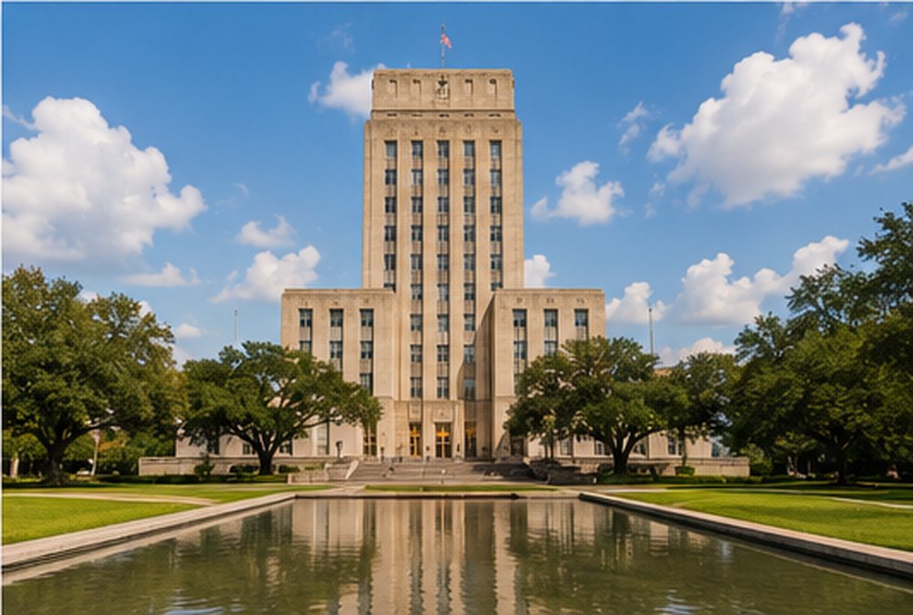 Houston City Hall mirrored in the reflecting pool on Hermann Square
