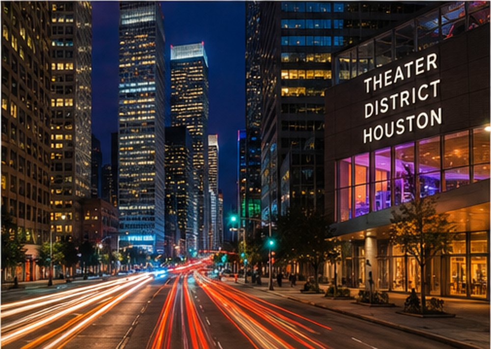 Car light trails on a downtown Houston street under the Theater District Houston sign