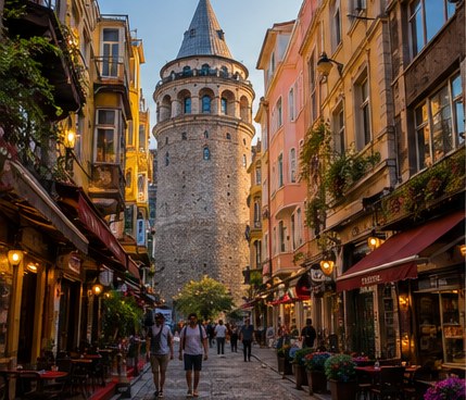 A street in Beyoglu climbing towards the Galata Tower, cafes and shopfronts on both sides