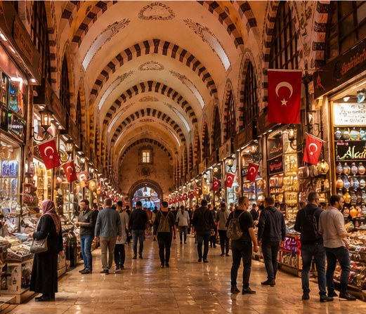The vaulted arcade of the Grand Bazaar in Istanbul, shops and flags along both sides