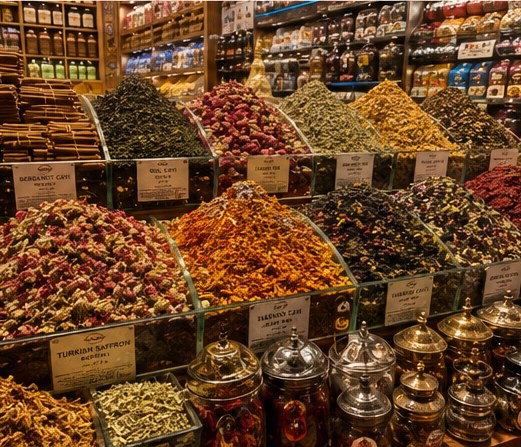 Heaped spices, dried flowers and teas on a counter in the Spice Bazaar in Istanbul